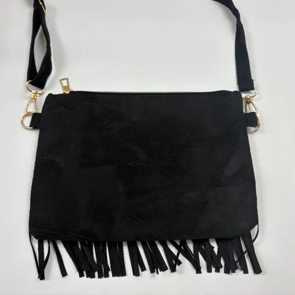 Boho Chic Fringe/ Two Tiered Tassel Shoulder/ Crossbody Bag/ Purse - Black - NWT - Picture 6 of 8